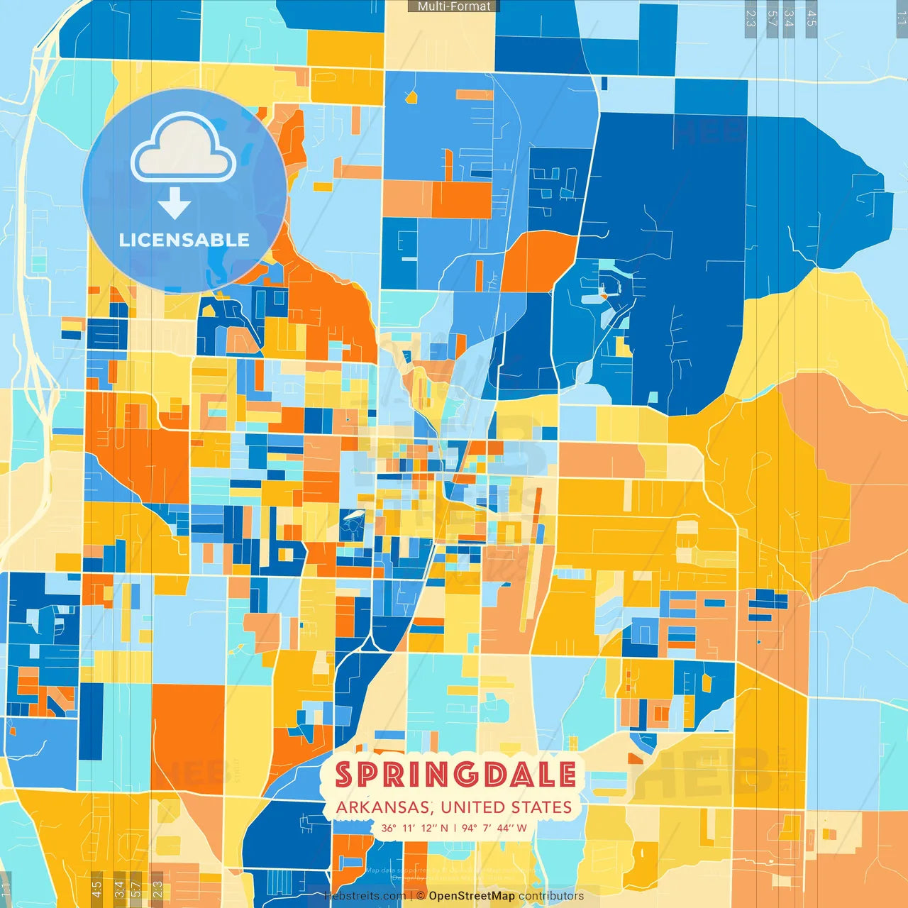 Springdale, Arkansas, United States blue and orange vector art map template