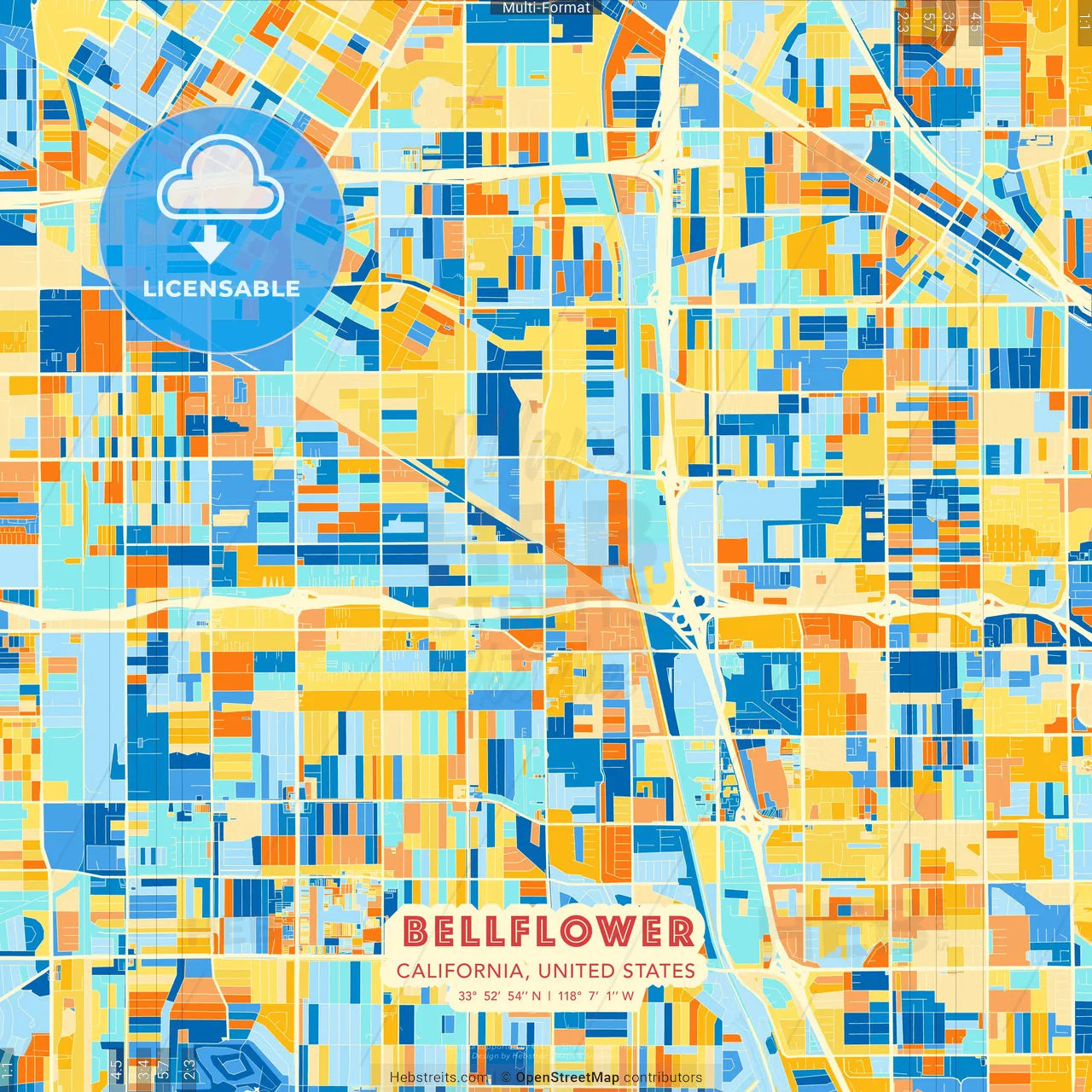 Bellflower, California, United States blue and orange vector art map template