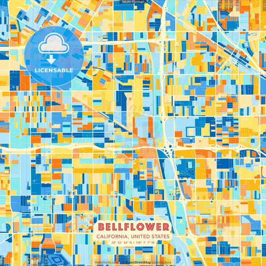 Bellflower, California, United States blue and orange vector art map template