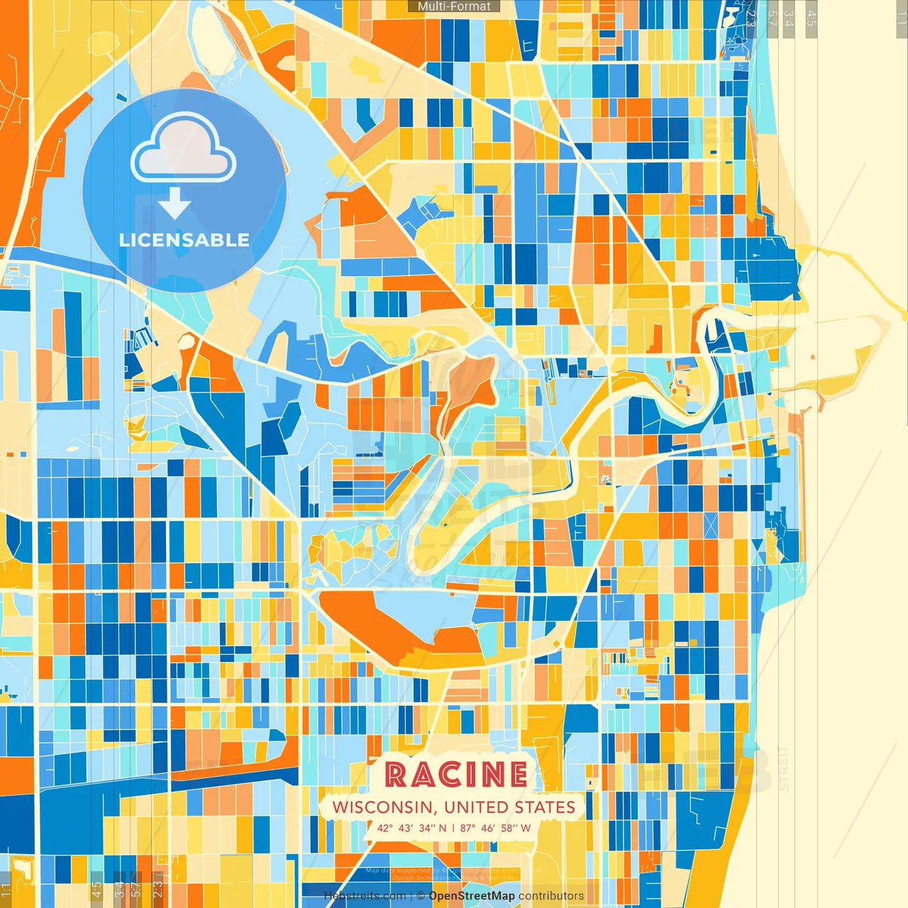 Racine, Wisconsin, United States blue and orange vector art map template
