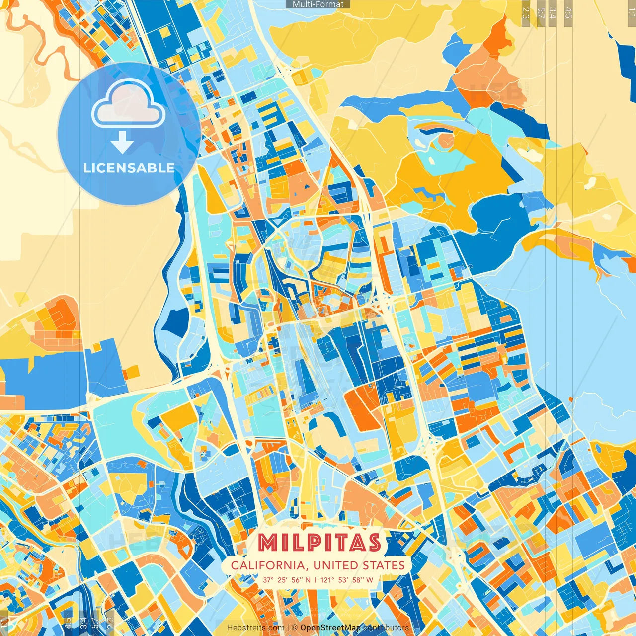 Milpitas, California, United States blue and orange vector art map template
