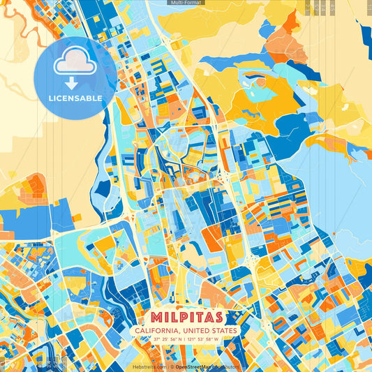 Milpitas, California, United States blue and orange vector art map template