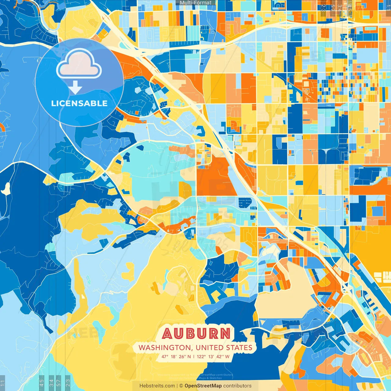 Auburn, Washington, United States blue and orange vector art map template