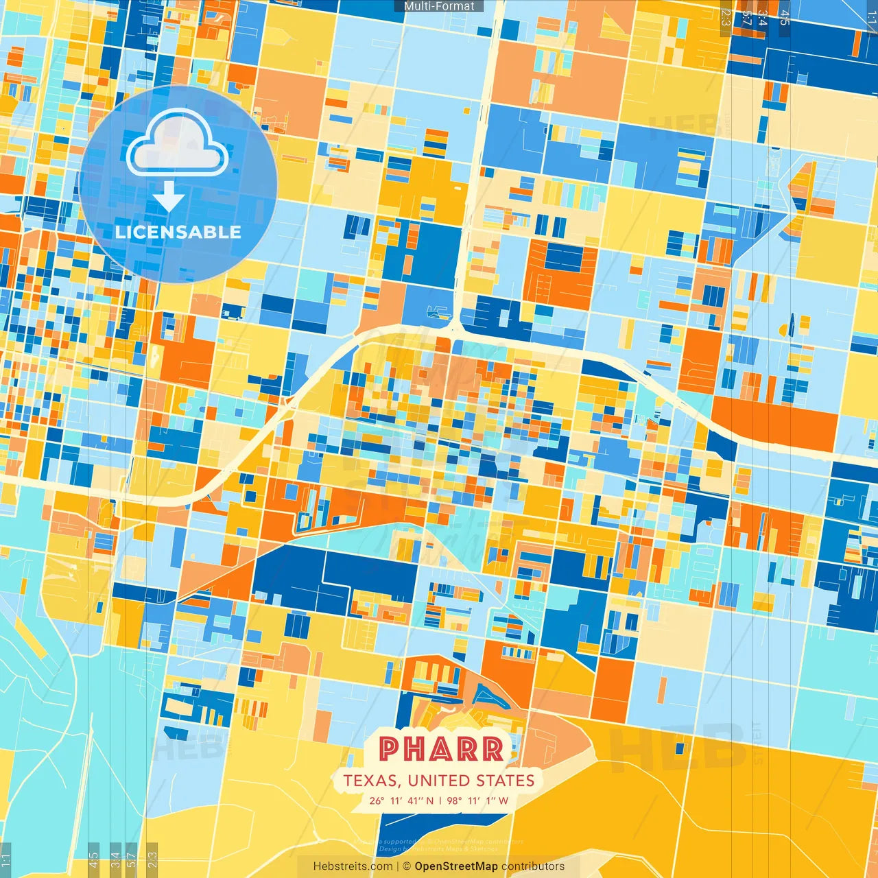 Pharr, Texas, United States blue and orange vector art map template