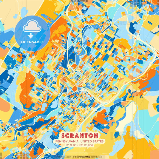 Scranton, Pennsylvania, United States blue and orange vector art map template