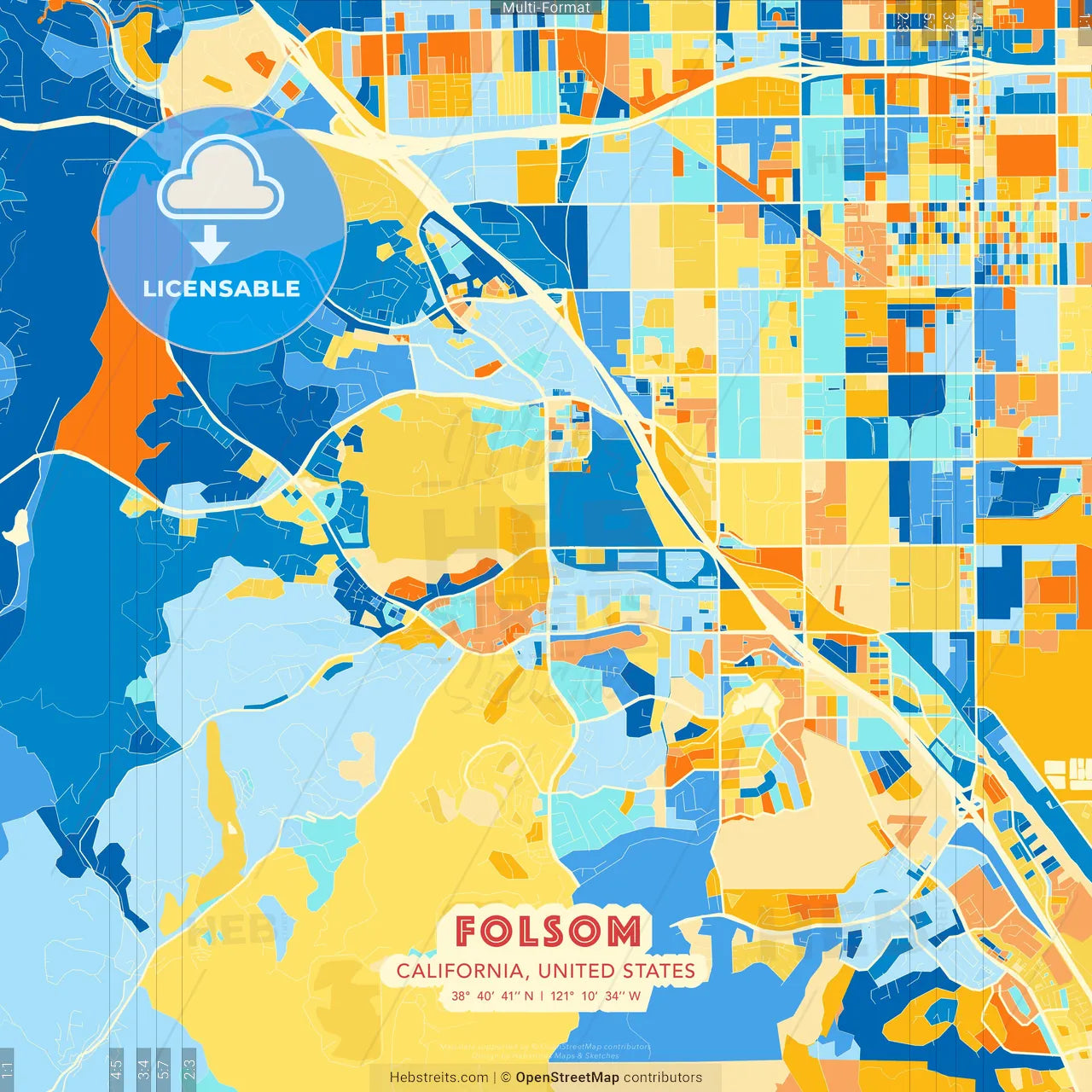 Folsom, California, United States blue and orange vector art map template