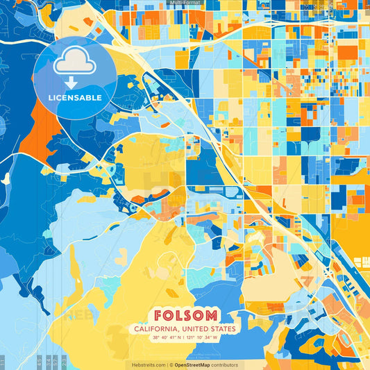 Folsom, California, United States blue and orange vector art map template