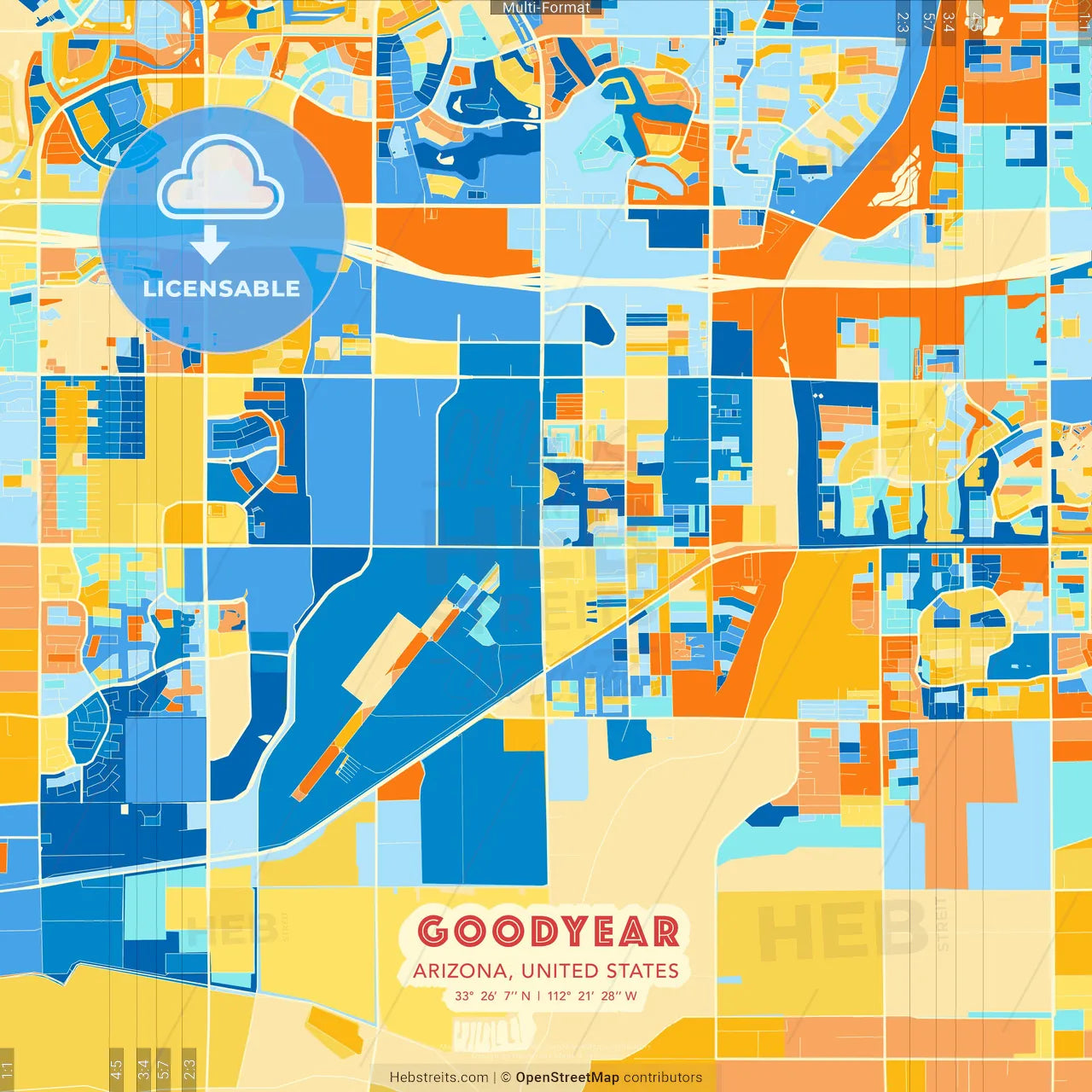 Goodyear, Arizona, United States blue and orange vector art map template