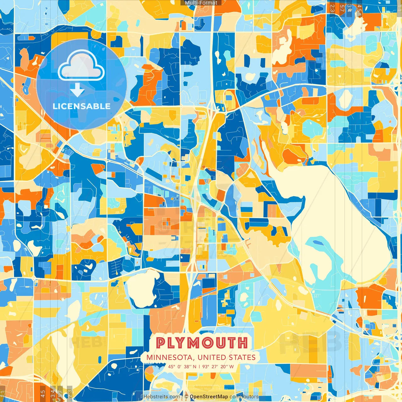 Plymouth, Minnesota, United States blue and orange vector art map template