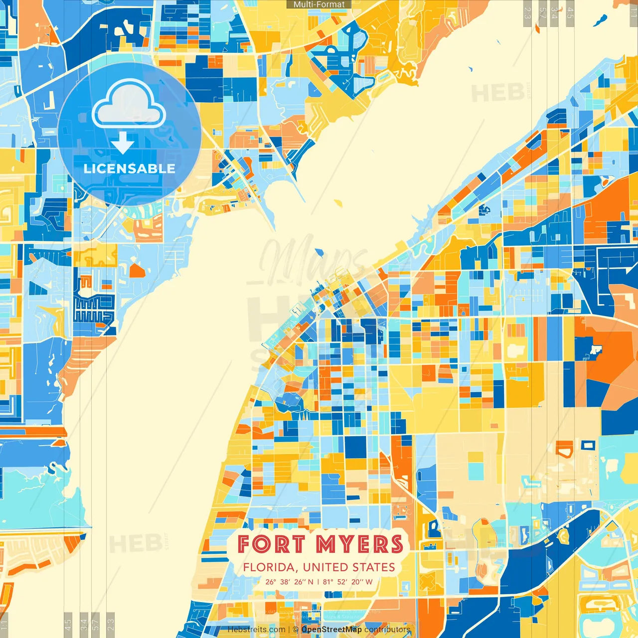 Fort Myers, Florida, United States blue and orange vector art map template