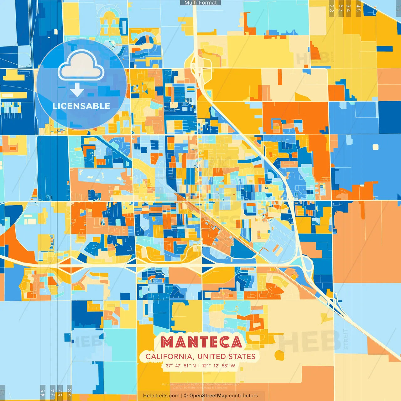 Manteca, California, United States blue and orange vector art map template