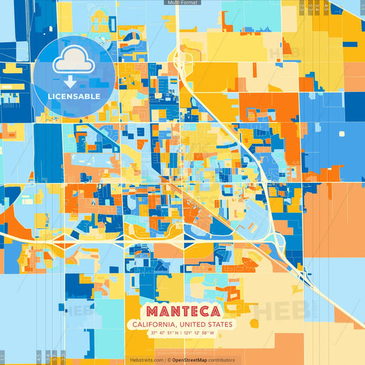 Manteca, California, United States blue and orange vector art map template