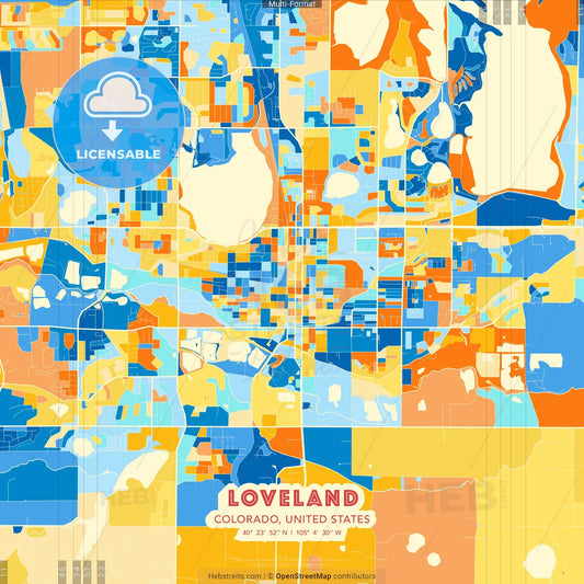 Loveland, Colorado, United States blue and orange vector art map template