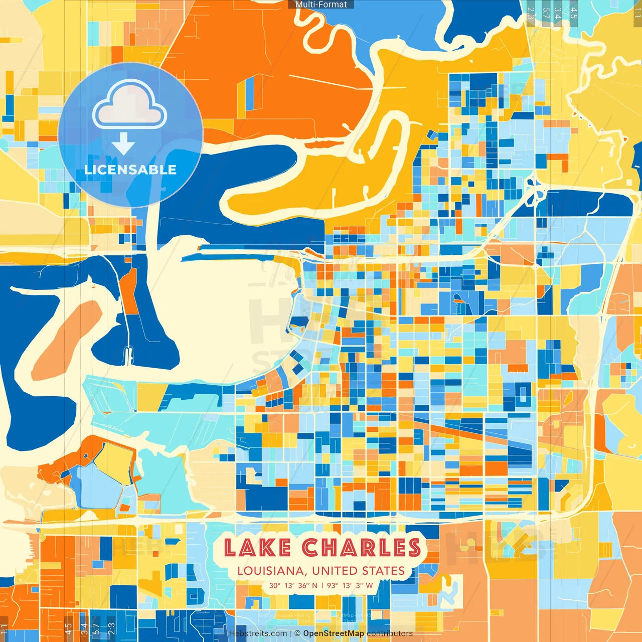 Lake Charles, Louisiana, United States blue and orange vector art map template