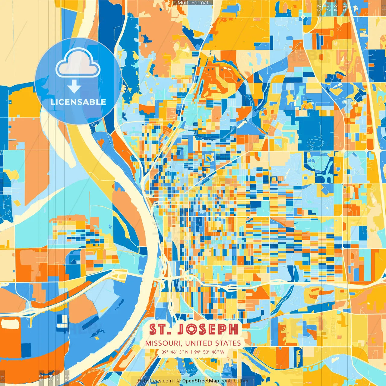 St. Joseph, Missouri, United States blue and orange vector art map template