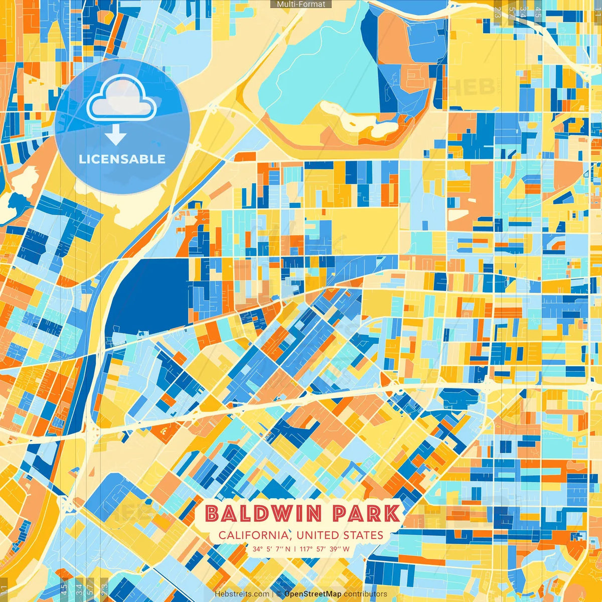 Baldwin Park, California, United States blue and orange vector art map template