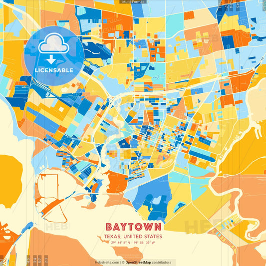 Baytown, Texas, United States blue and orange vector art map template