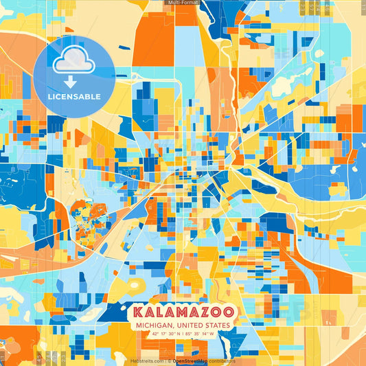 Kalamazoo, Michigan, United States blue and orange vector art map template