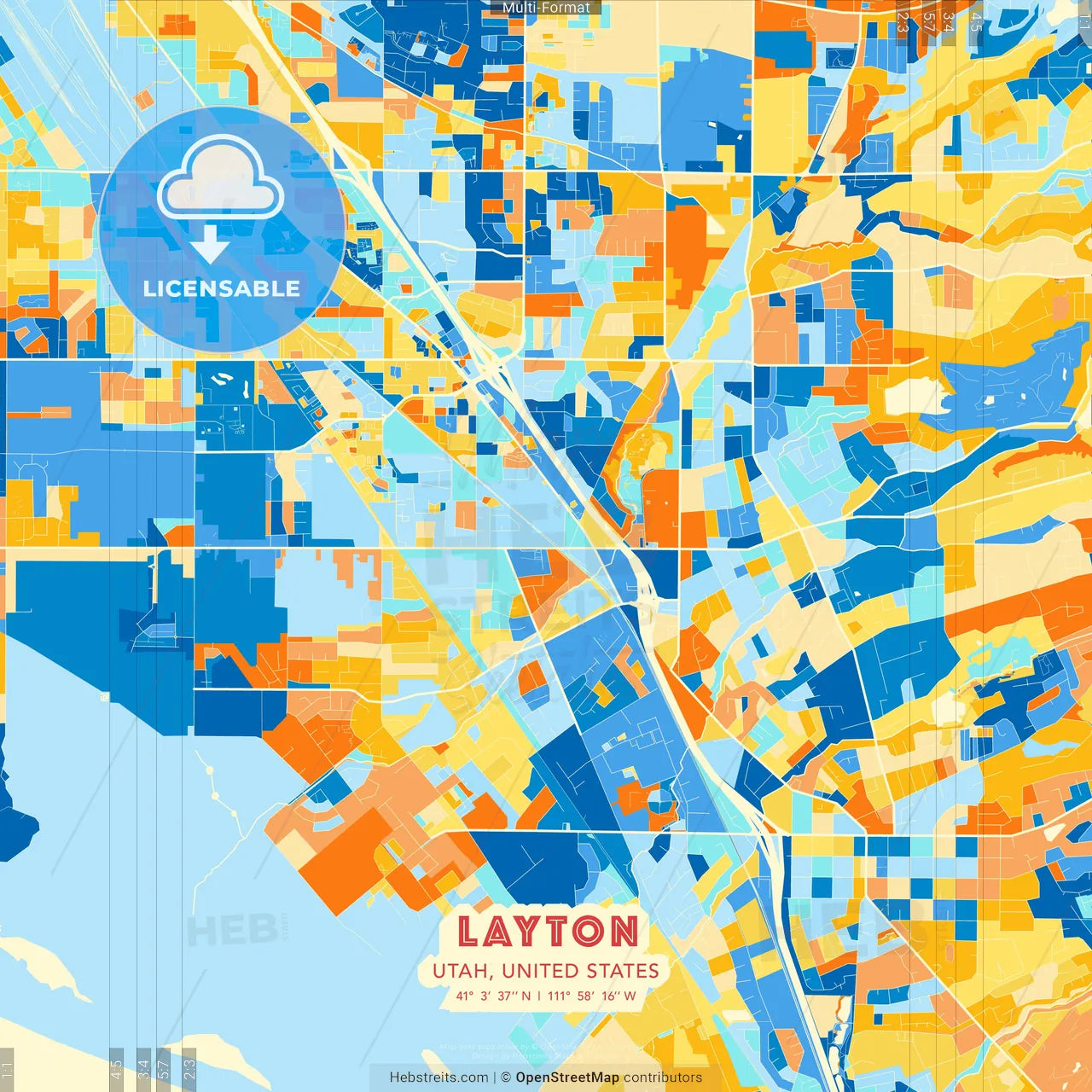 Layton, Utah, United States blue and orange vector art map template