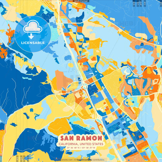 San Ramon, California, United States blue and orange vector art map template