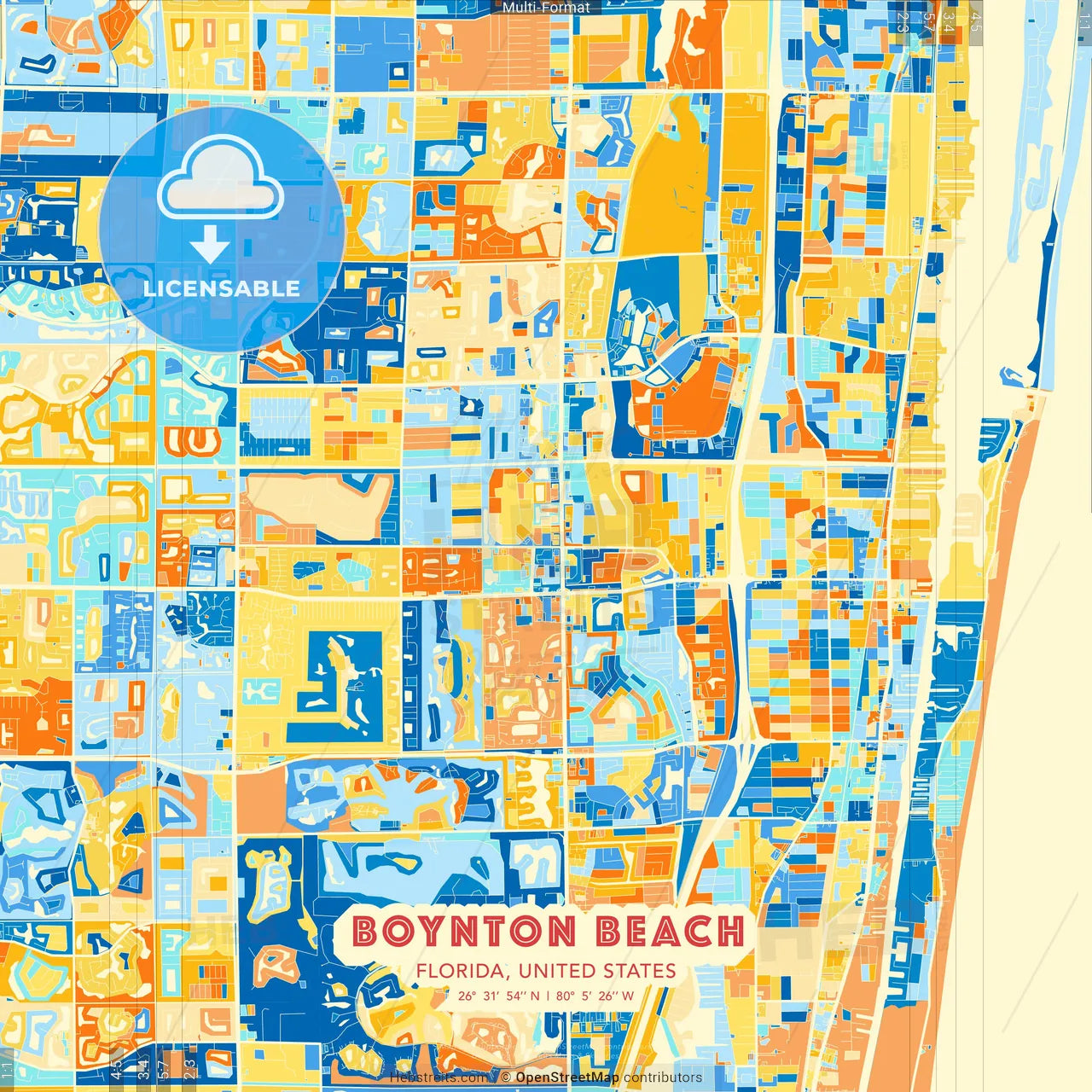 Boynton Beach, Florida, United States blue and orange vector art map template