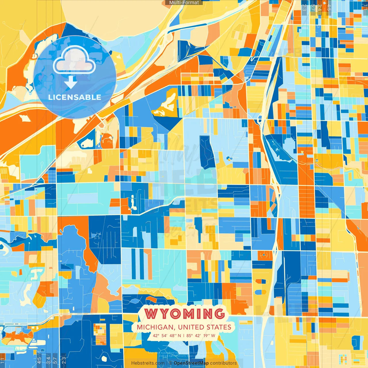 Wyoming, Michigan, United States blue and orange vector art map template