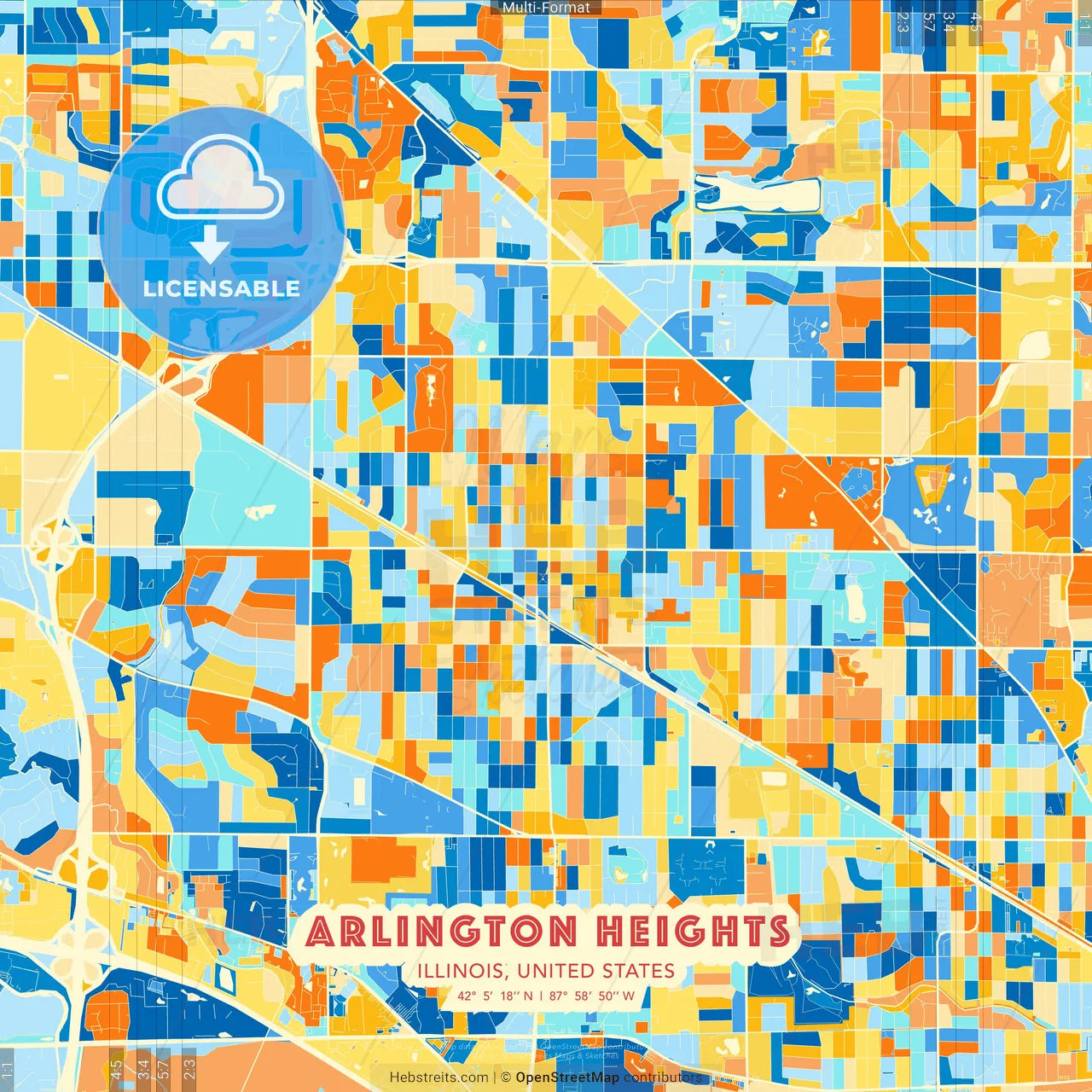 Arlington Heights, Illinois, United States blue and orange vector art map template