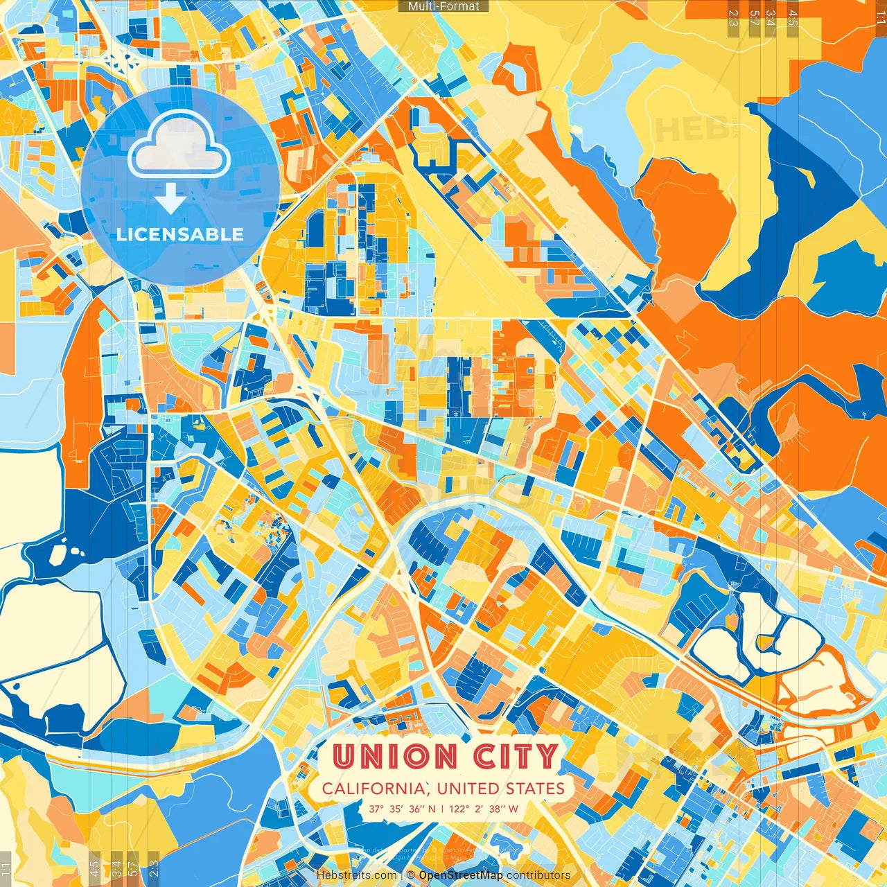 Union City, California, United States blue and orange vector art map template