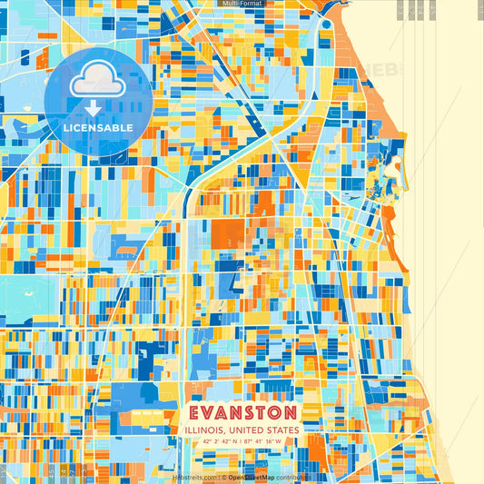 Evanston, Illinois, United States blue and orange vector art map template