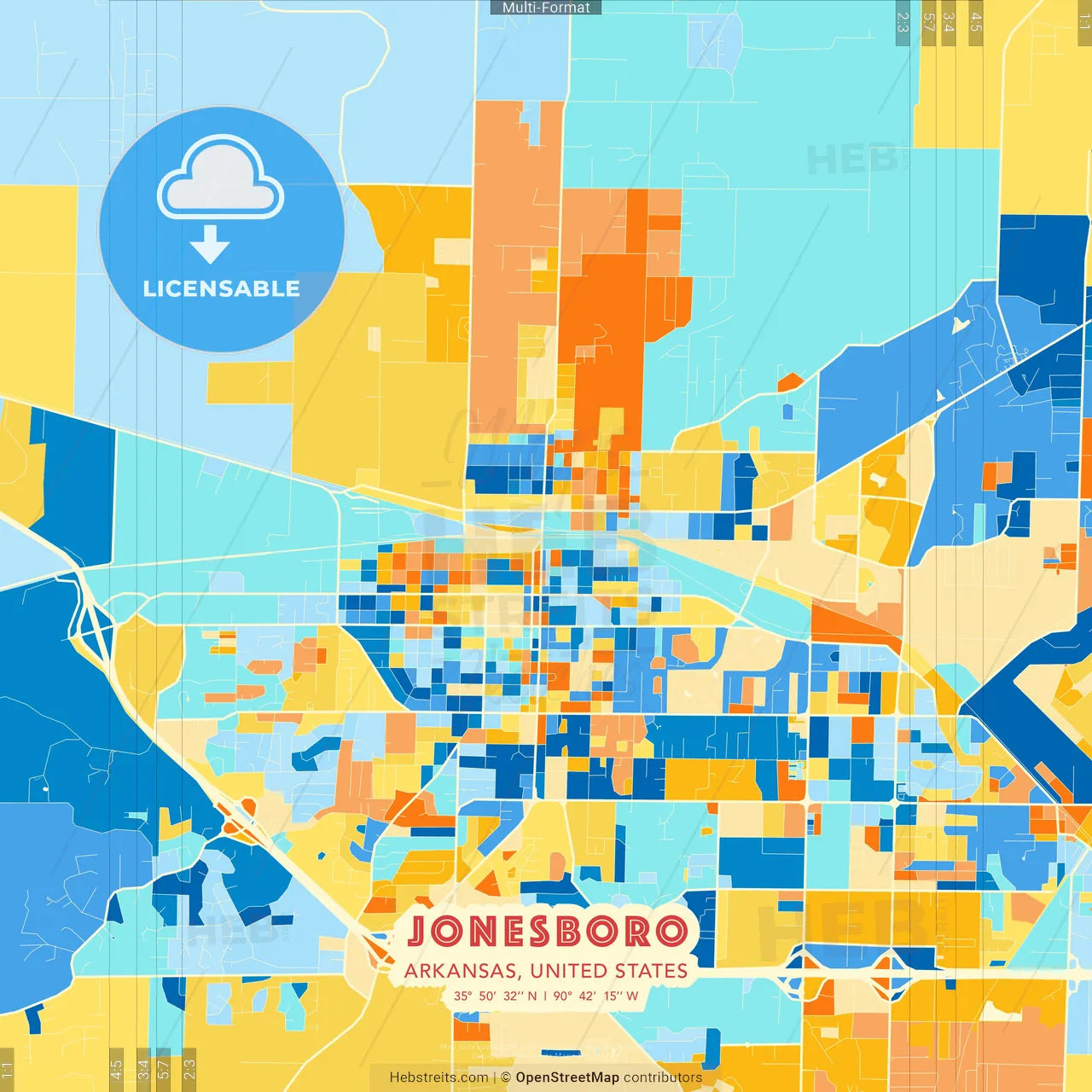 Jonesboro, Arkansas, United States blue and orange vector art map template
