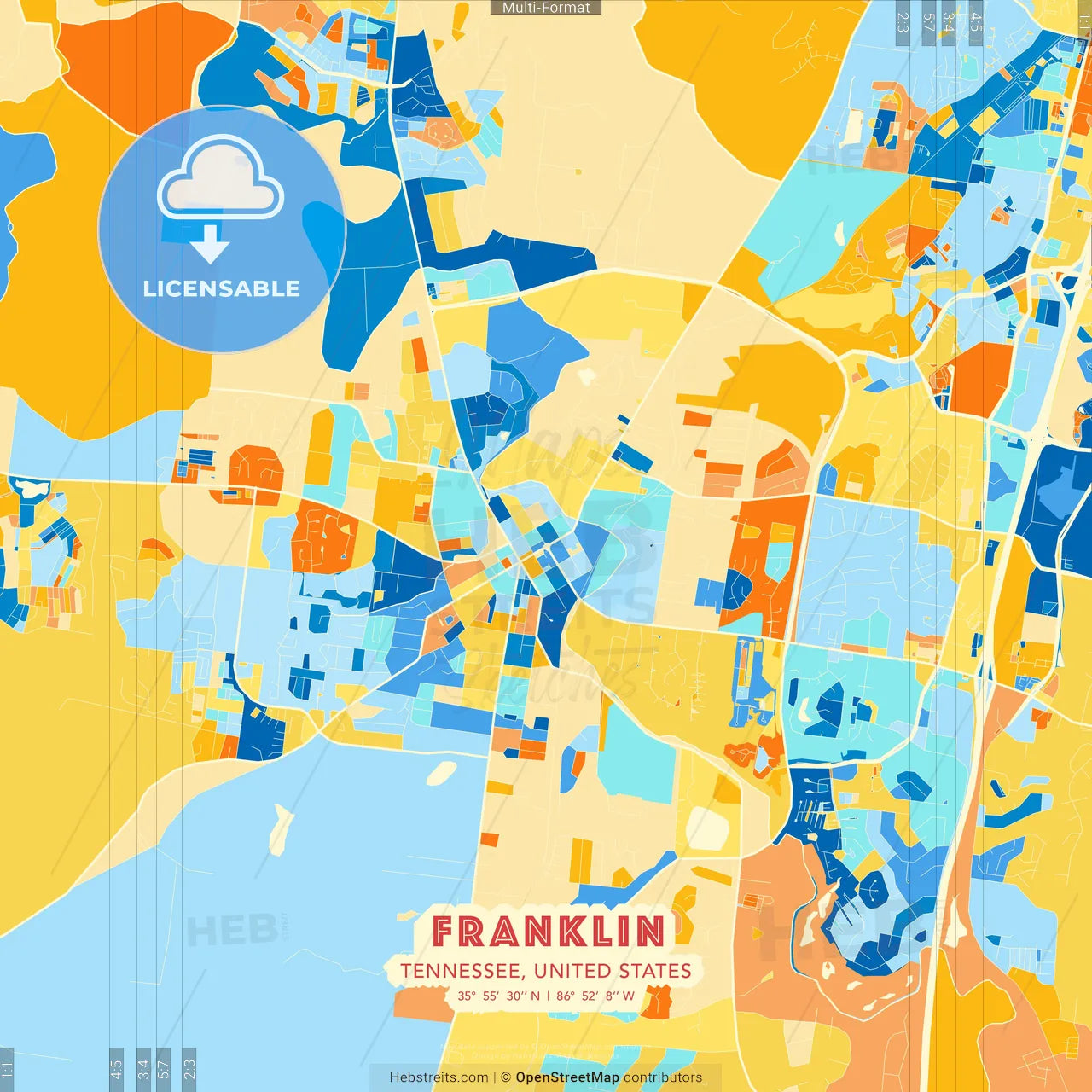 Franklin, Tennessee, United States blue and orange vector art map template