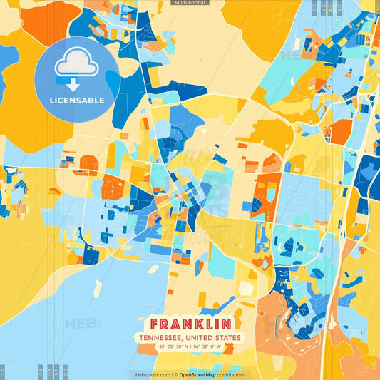 Franklin, Tennessee, United States blue and orange vector art map template