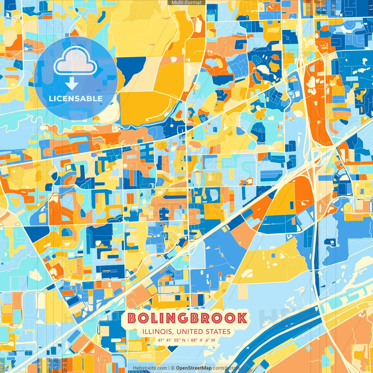 Bolingbrook, Illinois, United States blue and orange vector art map template