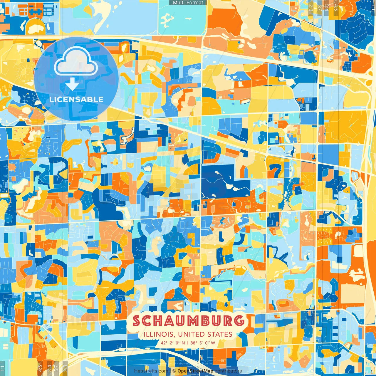 Schaumburg, Illinois, United States blue and orange vector art map template