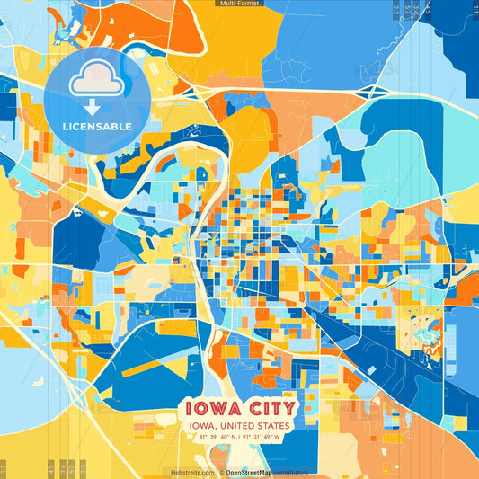 Iowa City, Iowa, United States blue and orange vector art map template