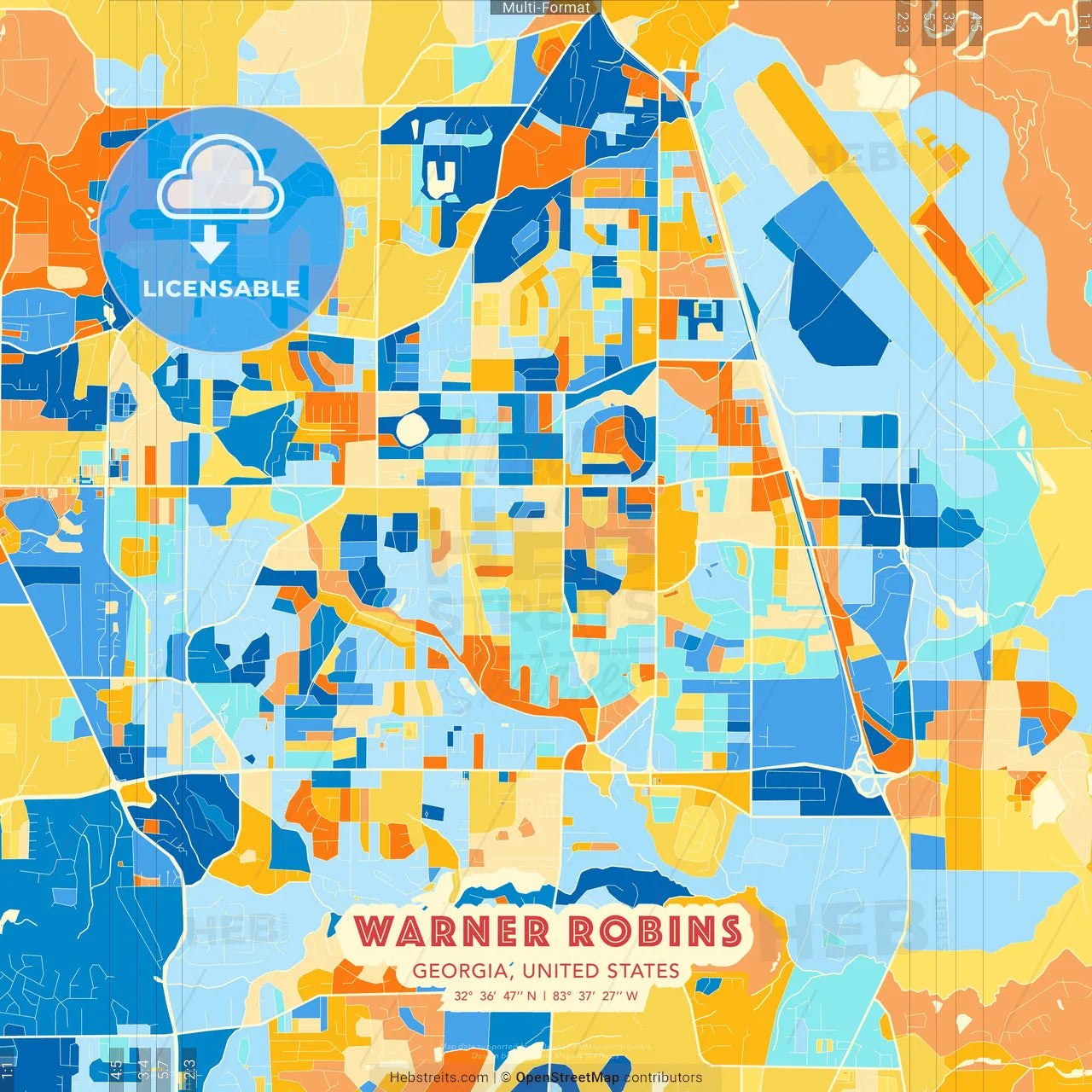 Warner Robins, Georgia, United States blue and orange vector art map template