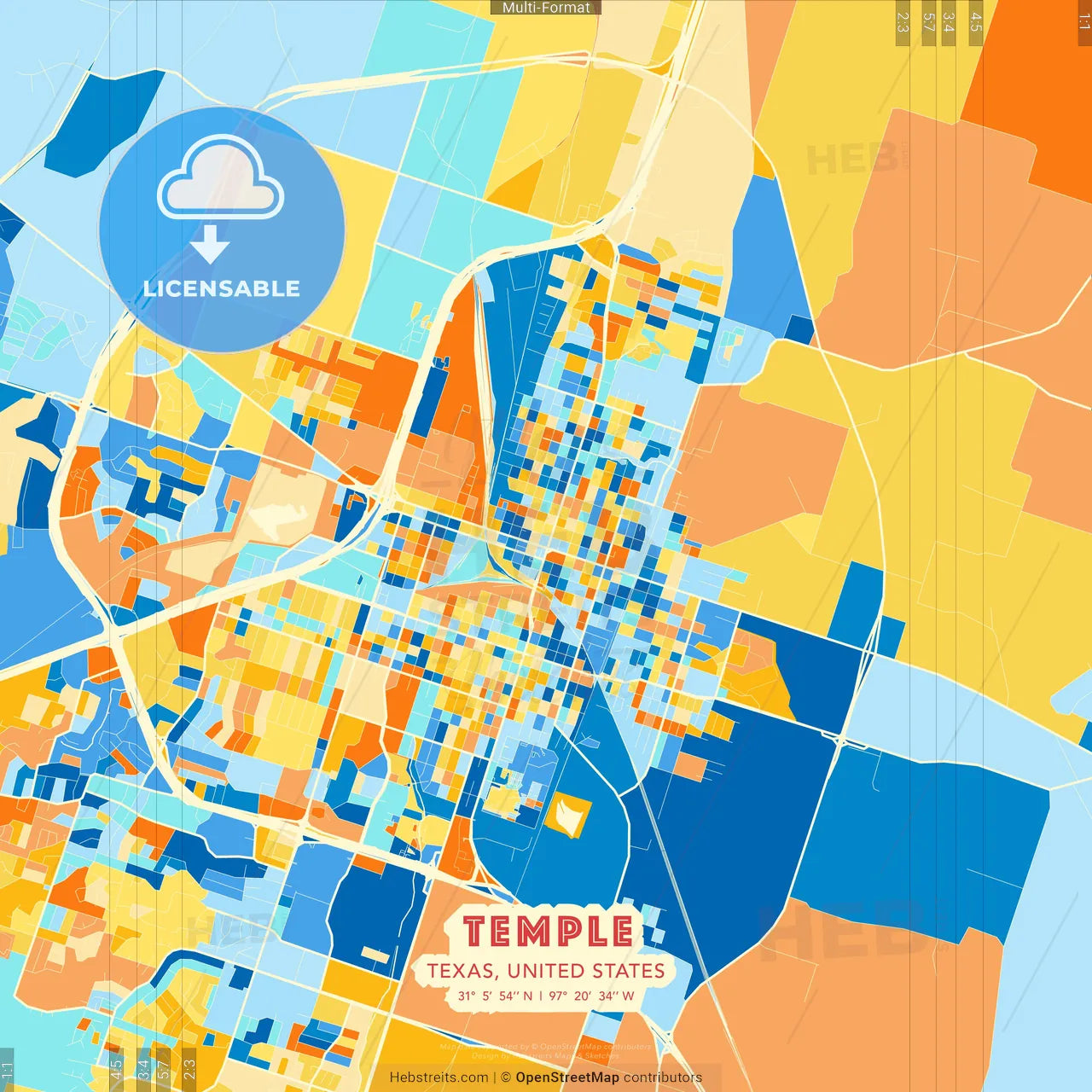 Temple, Texas, United States blue and orange vector art map template