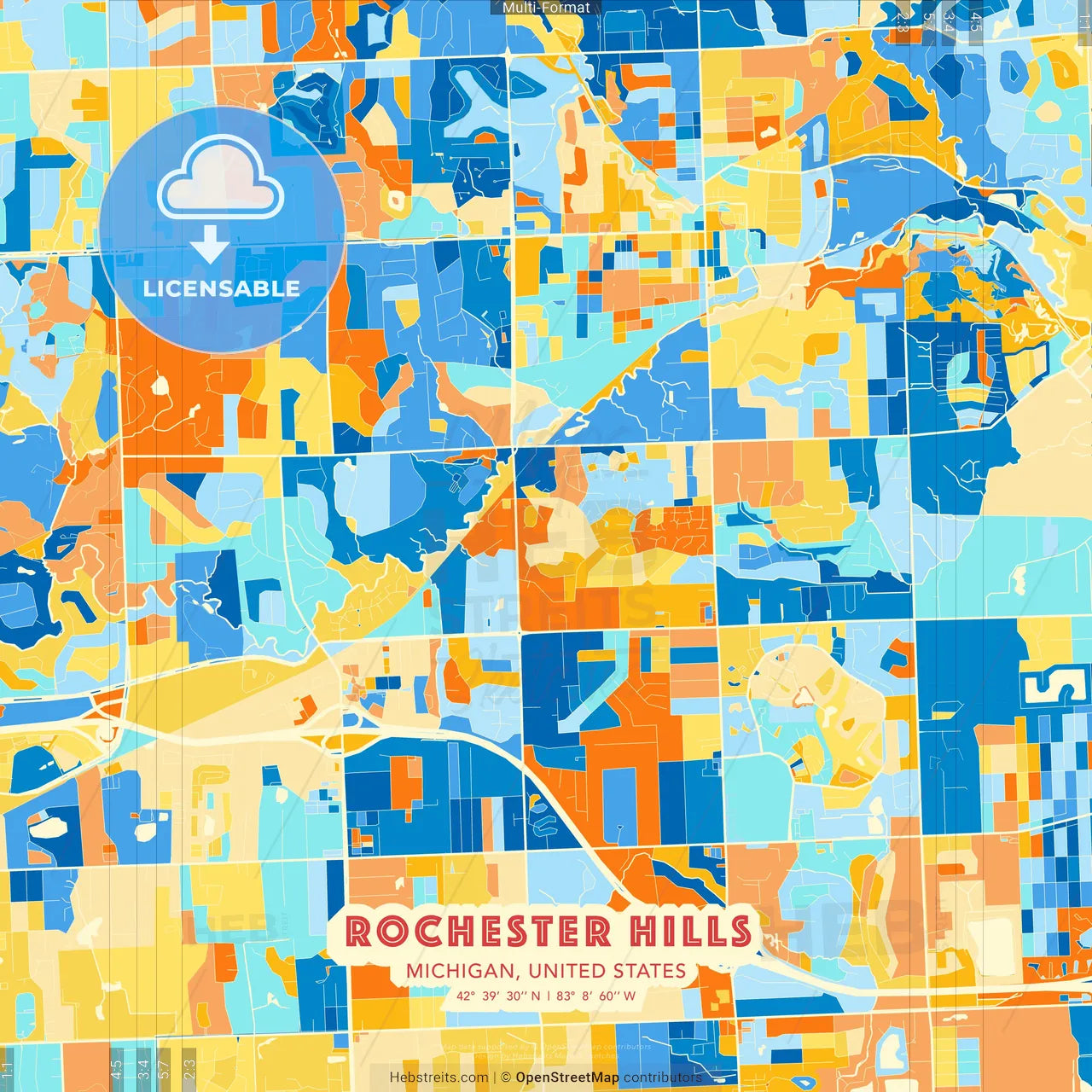 Rochester Hills, Michigan, United States blue and orange vector art map template