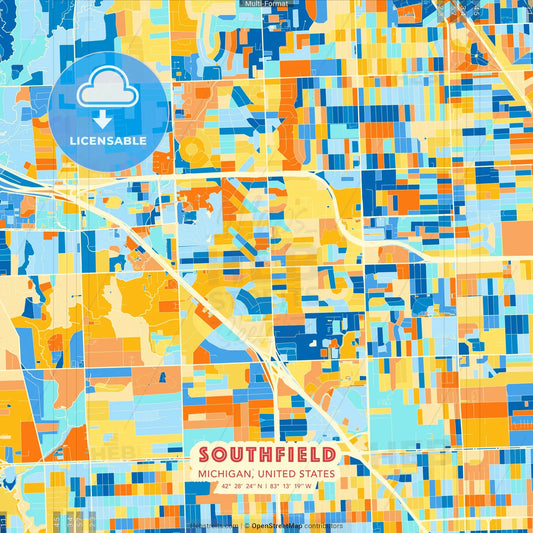 Southfield, Michigan, United States blue and orange vector art map template