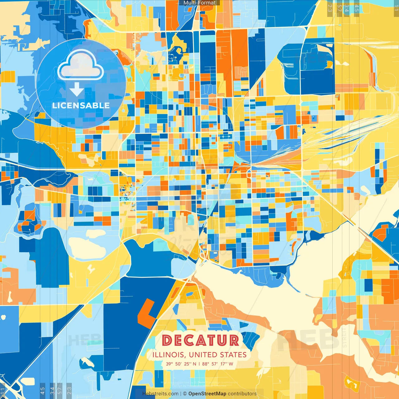 Decatur, Illinois, United States blue and orange vector art map template