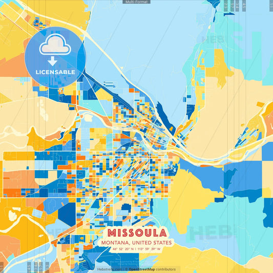 Missoula, Montana, United States blue and orange vector art map template