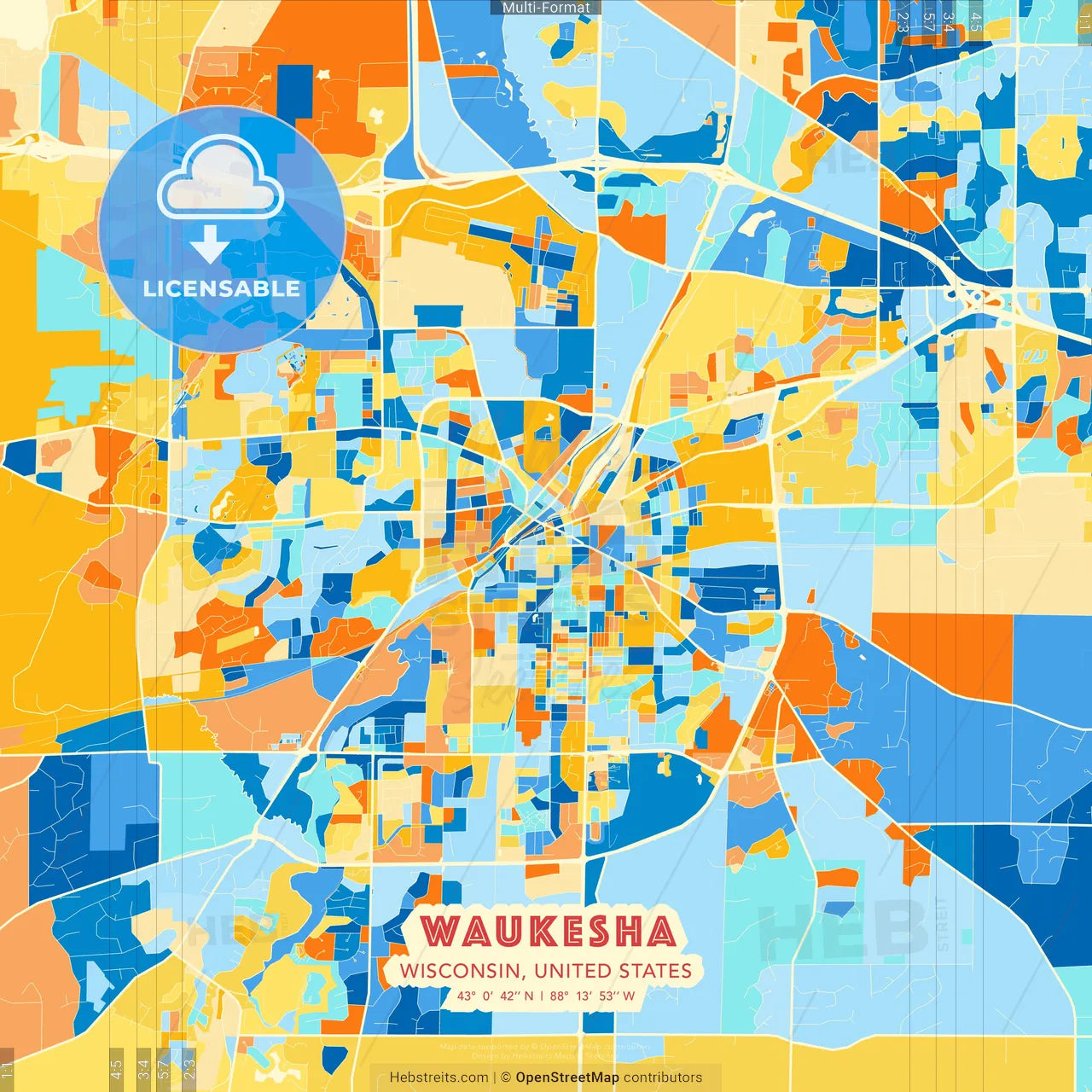 Waukesha, Wisconsin, United States blue and orange vector art map template