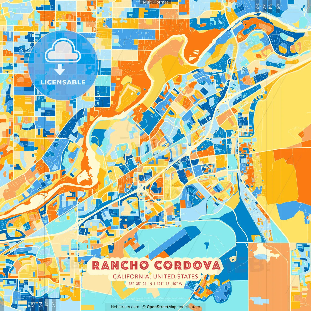 Rancho Cordova, California, United States blue and orange vector art map template