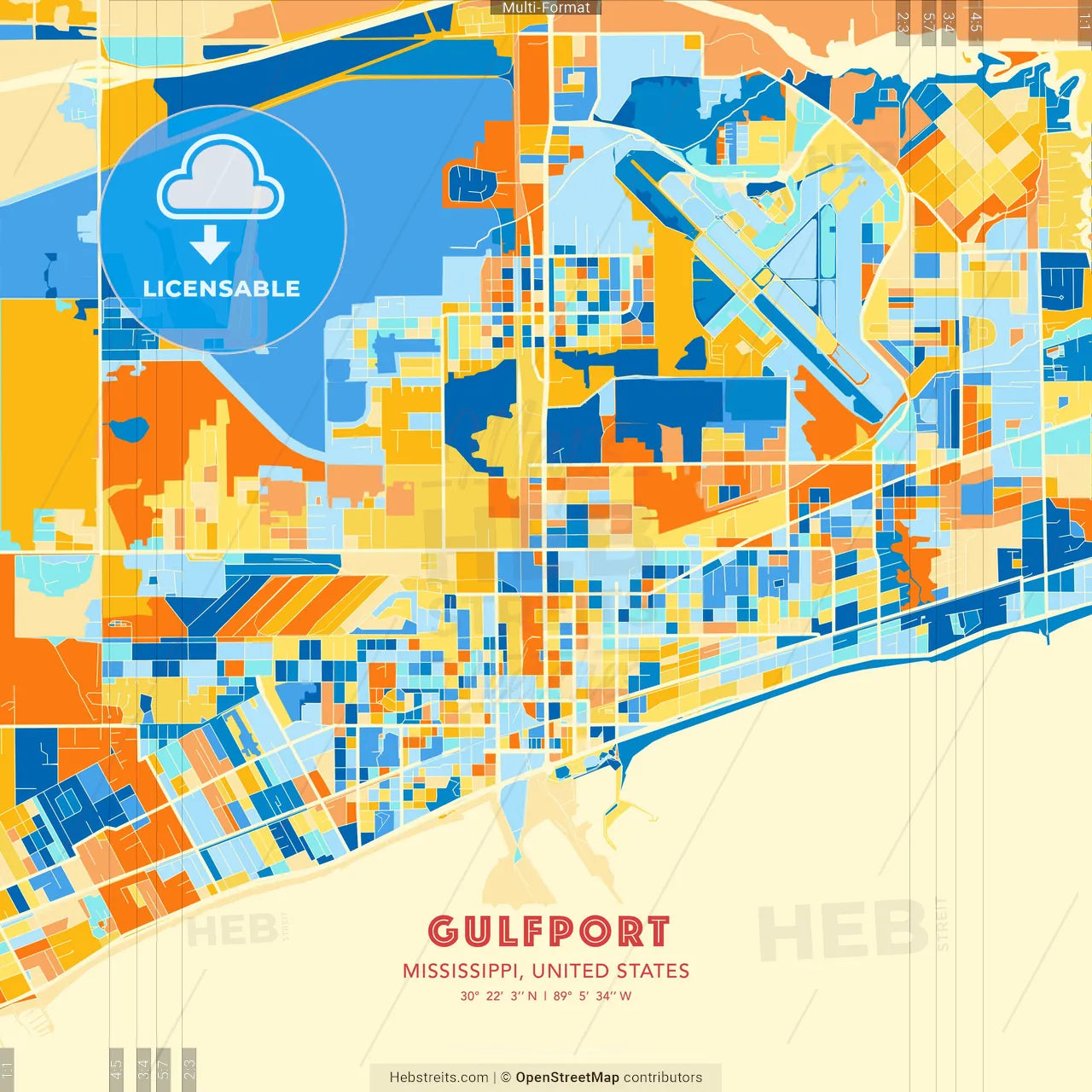 Gulfport, Mississippi, United States blue and orange vector art map template