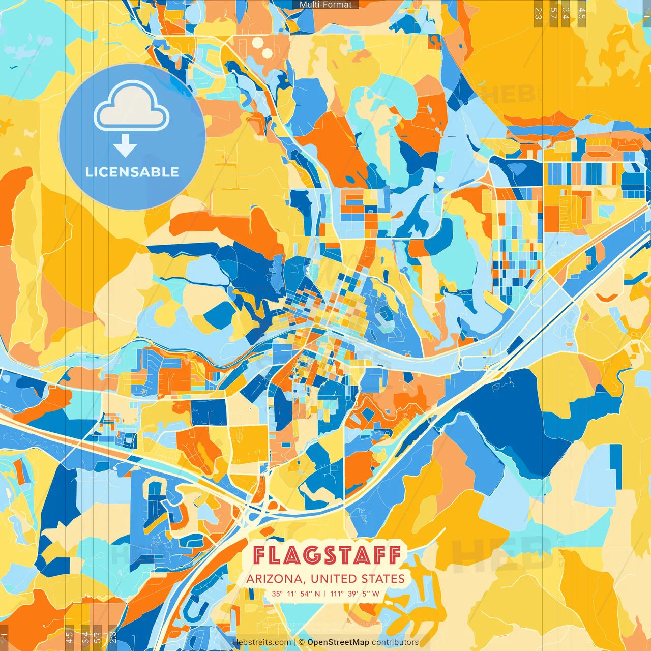 Flagstaff, Arizona, United States blue and orange vector art map template