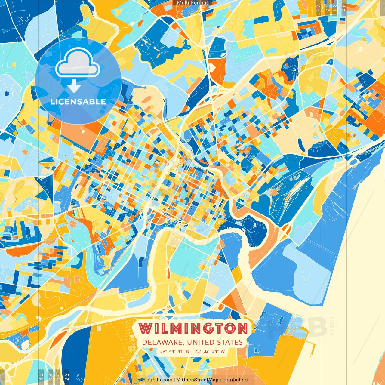 Wilmington, Delaware, United States blue and orange vector art map template