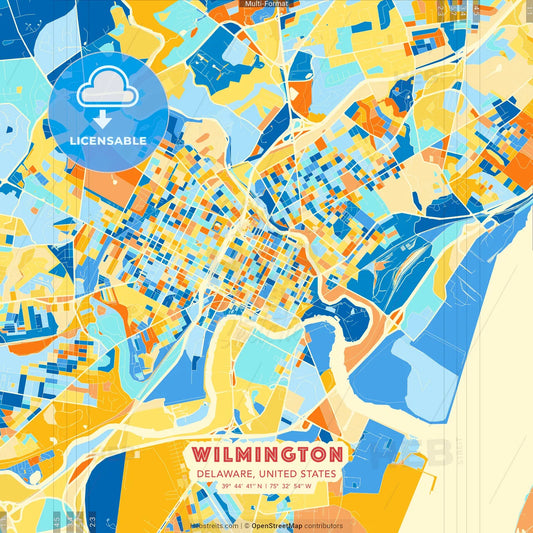 Wilmington, Delaware, United States blue and orange vector art map template