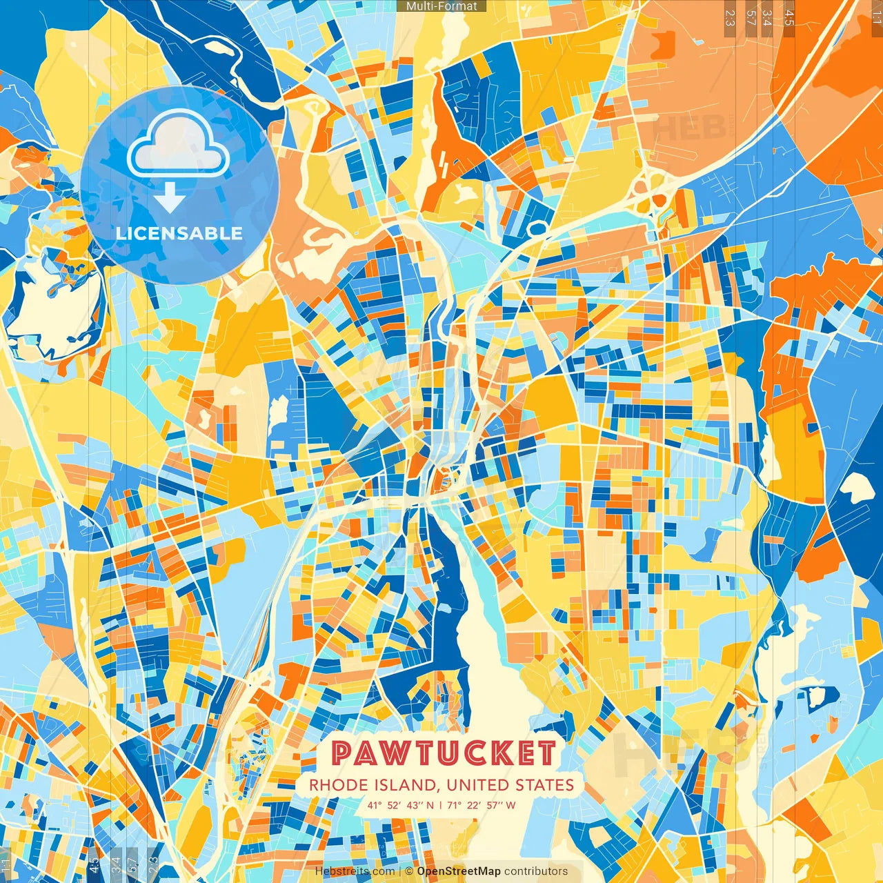 Pawtucket, Rhode Island, United States blue and orange vector art map template