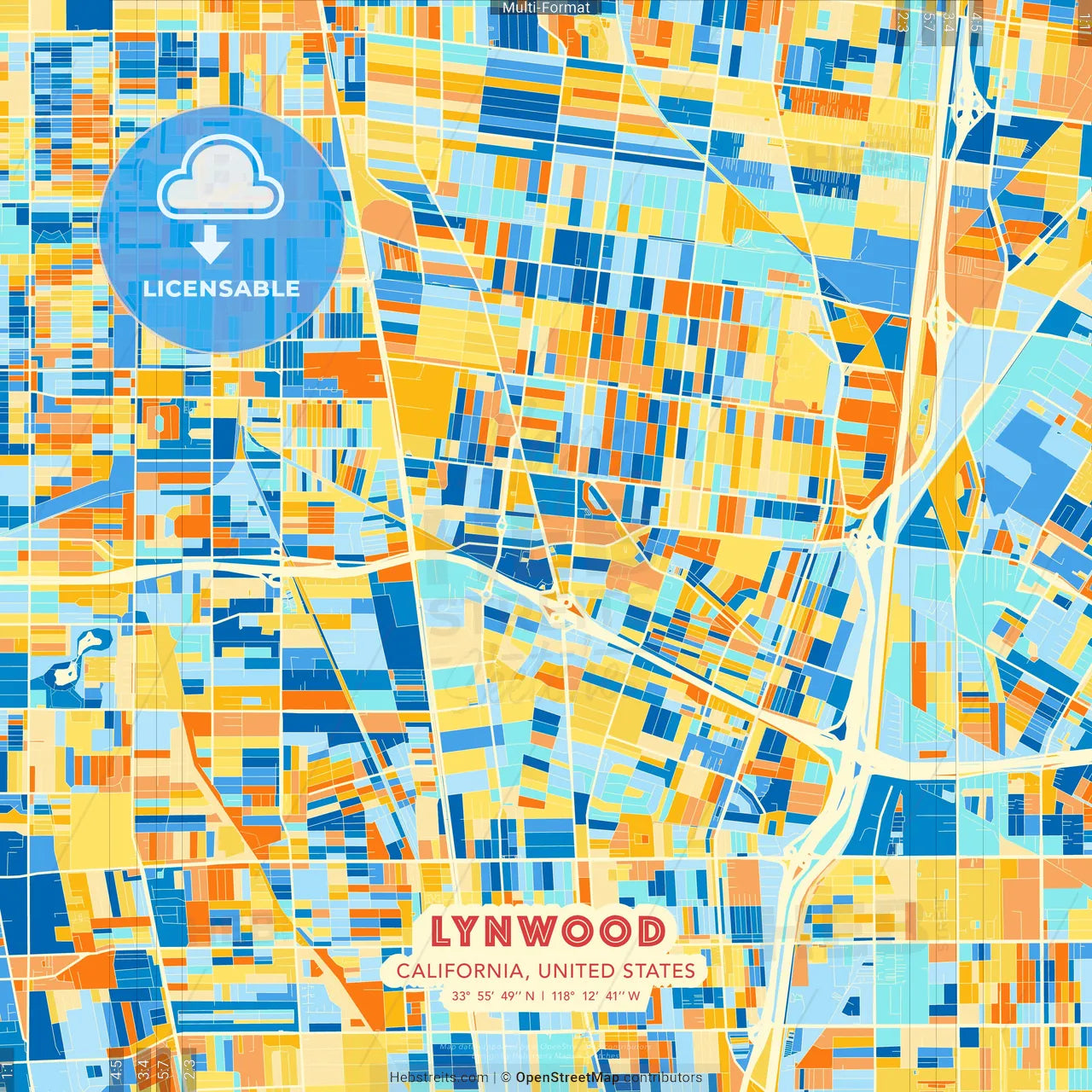 Lynwood, California, United States blue and orange vector art map template