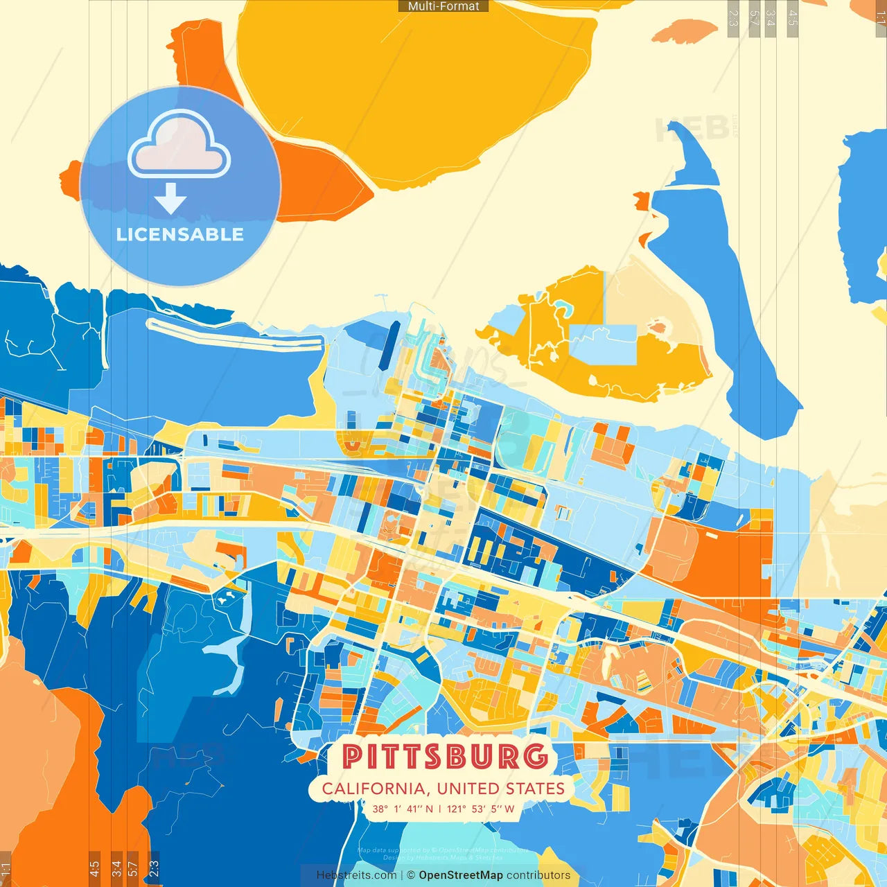 Pittsburg, California, United States blue and orange vector art map template